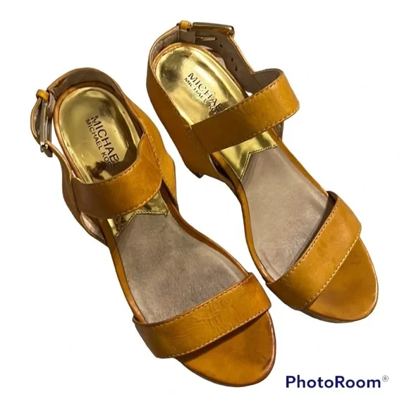 MICHAEL Michael Kors | Goldenrod Leather and Cork Platform Sandals - Picture 4 of 13